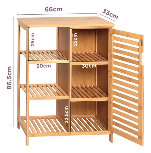 Mueble Organizador Para Baño Badecor, Madera De Bambú, Excelente Calidad, 3 Estantes Con Puerta - Alto 87cm