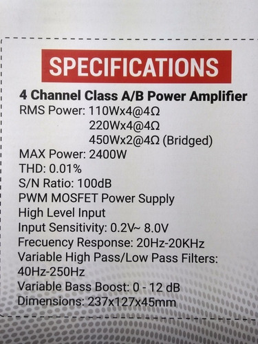 Imagen 2 de 9 de Amplifador De 4 Canales. Rks-p110.4. Rock Series. 110w Rms.