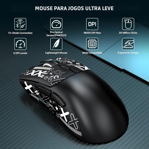 Mouse Gamer Attack Shark Bluetooth R1, 18000 Dpi, Black