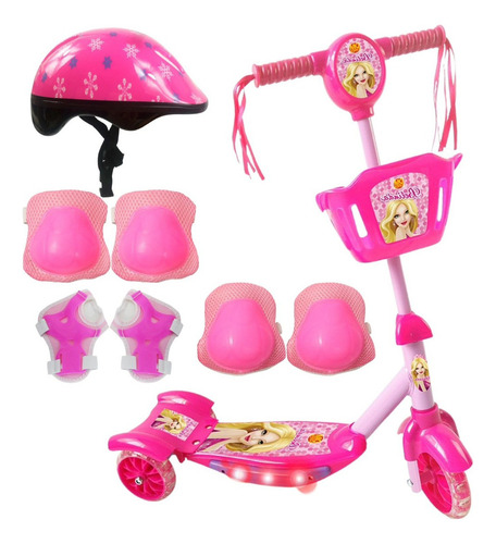 Patinete Led 3 Rodas Kit Proteçao Menina Rosa Infantil Som