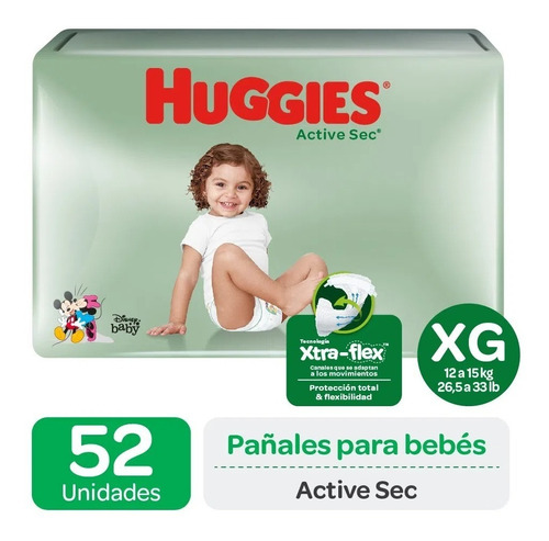 Pañal Desec Huggies Active Sec Talla Xg 52 Un (12 A 15 Kg)