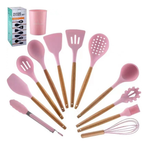 Set X12 Utensilios Kit Cocina Mango Madera Punta Silicona