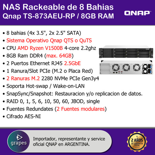 Nas 8 Bahias Rack Qnap Ts-873aeu 8gb Ddr4 Amd Ryzen 2fuentes