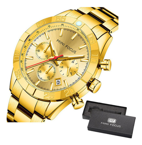 Reloj Cronógrafo Mini Focus Man Con Calendario Color De La Correa Dorado