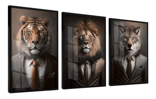 Kit 3 Quadros Decorativos Leão Tigre Lobo Animais Com Vidro