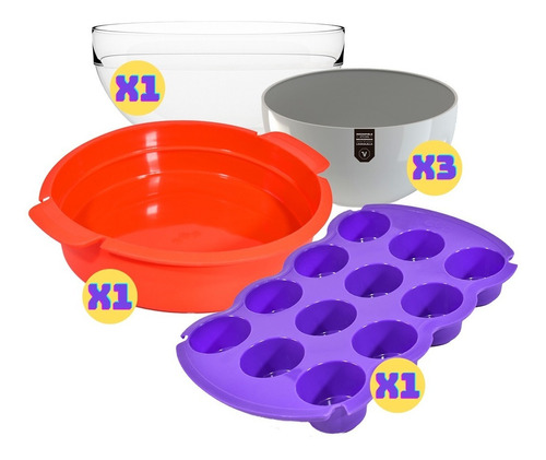 Kit Pastelería Bowl 22+ 3 Bowl 18 + Muffinera 12+ Tortera 24