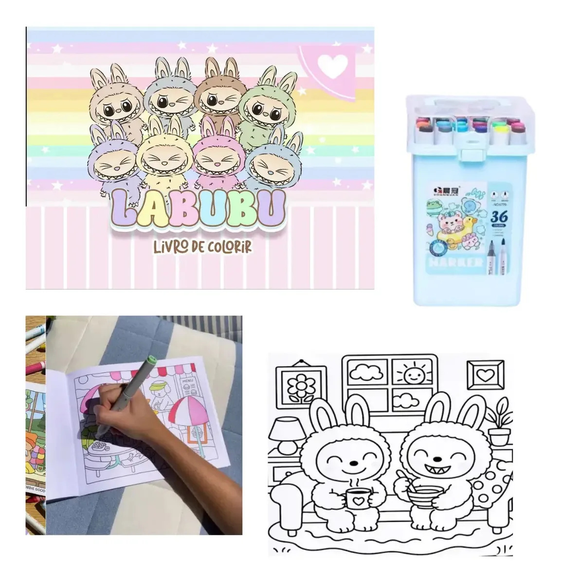 Kit Livro Colorir Labubu + 36 Canetinhas Ponta Dupla