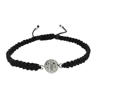 Pulsera De San Benito Plata Dije Pequeño Tejida Hilo Negro 