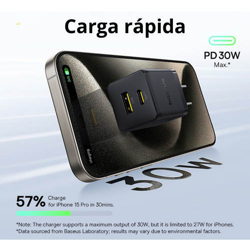 Baseus Cable Tipo C-ip 1.2 Metros 20w Cargador Para iPhone + Cubo De Carga 2 Puertos Usb A Y Tipo C Color Negro Carga Rápida Cable Material Flexible Y Resistente 50% De Pila En 30min
