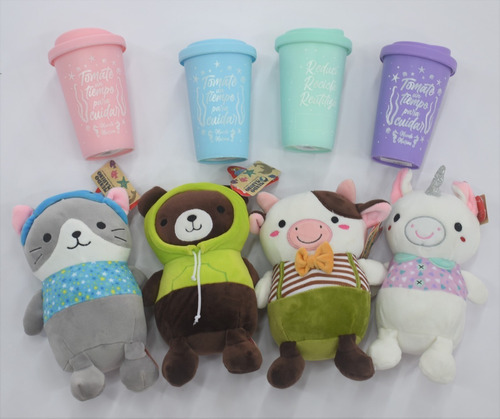 4 Peluches Animales Disfrazados+ 4 Vasos Térm. Mundo Marino