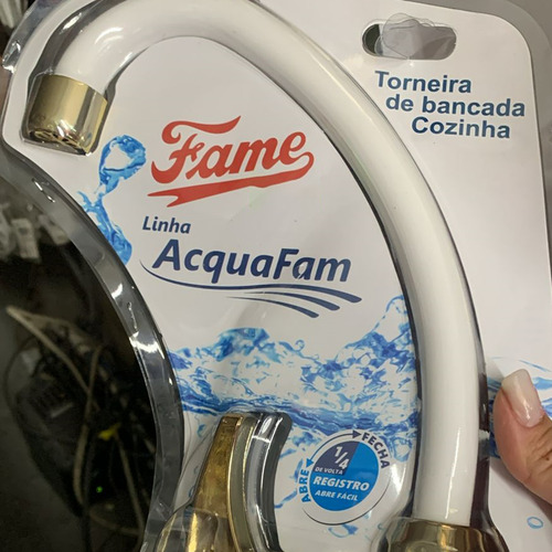 Torneira Cozinha Acquafam Mesa Bancada Fame Branca Dourado