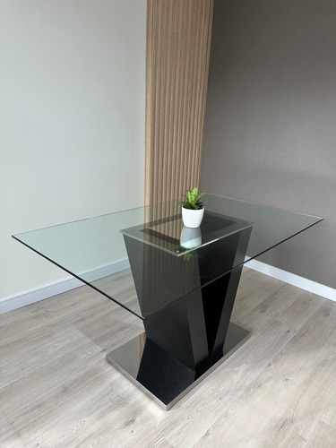 Mesa De Comedor Con Tapa De Vidrio 150x90 Cm Base Acero Blanco Negro