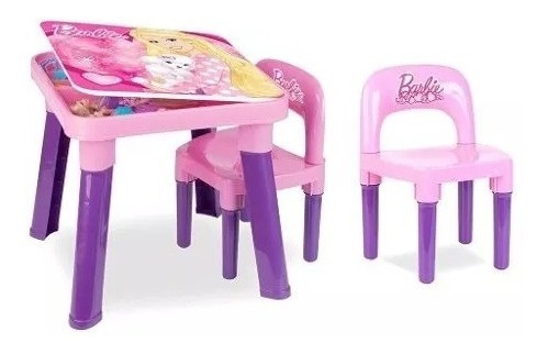 Mesa Mesinha Infantil Barbie + Duas Cadeira Com Baú