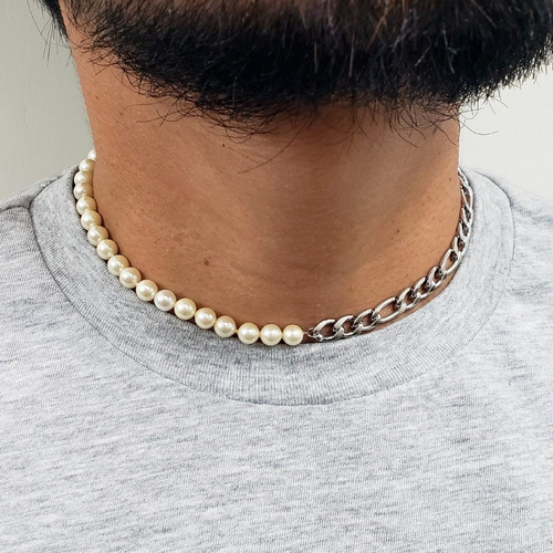 Collar Mitad Perlas Checas Y Acero Inox Figaro Hombre Mujer