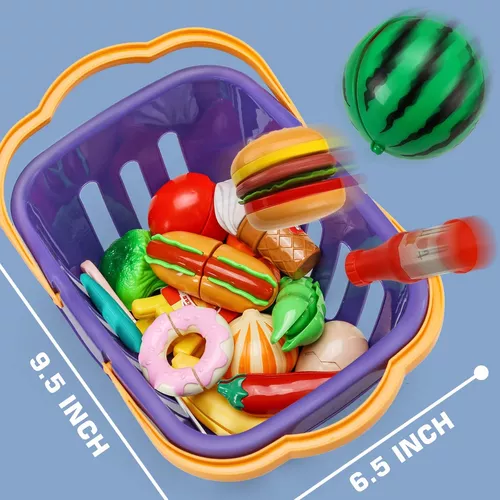 Juego de cocina de juguete de corte para niños, cocina de frutas, verduras  y pizza, accesorios de comida rápida con cesta de almacenamiento, comida