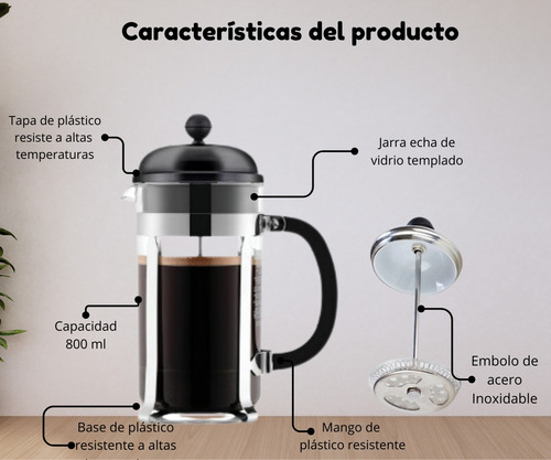 Cafetera Prensa Francesa 800ml, Vidrio Y Acero Inoxidable