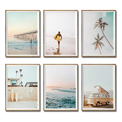 Conjunto De 6 Impresiones De Arte De Pared De Surf Cost...