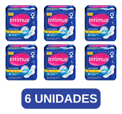 KIT com 6 Absorventes Intimus Noturno Cobertura Extra Suave Com Abas Pacote c/ 8 unidades