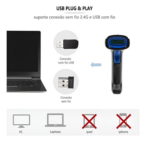 Leitor De Código De Barras Sem Fio Usb Preto Ean Wireles