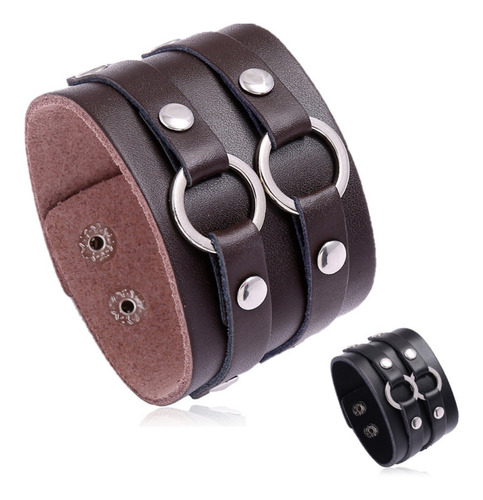 Pulseira Bracelete Couro Argolas Depp Rock Punk Moto Country