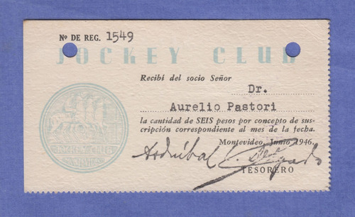 1945 Turf Jockey Club Montevideo Recibo Con Timbre Vintage