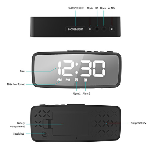 Reloj Despertador Digital, Pantalla Led Con Espejo De 5.1 Pu