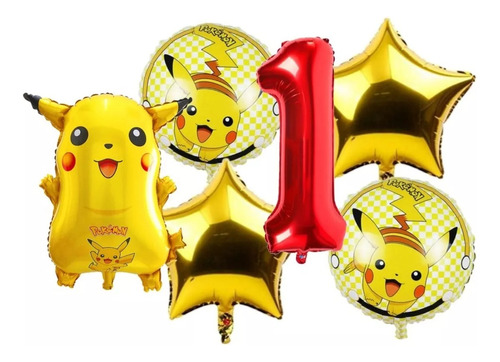 Kit Decoración Globos Pikachu Número Rojo Cumpleaños Pokemon