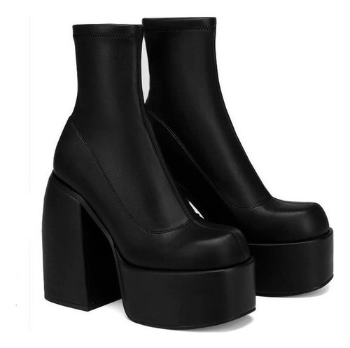 Botas Mujer Con Plataforma Tacón Alto Grueso Blanco Negro×1