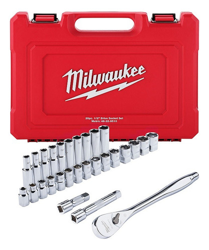 Juego De Dados Metricos 28pzs Mm 1/2 Milwaukee 48-22-9510 Color Rojo