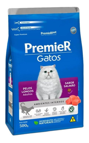 Premier Ração Gatos Adultos Pelos Longos Salmão 500g