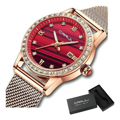 Relojes De Diamantes Crrju Con Calendario De Lujo Para Mujer Color De La Correa Rose Color Del Fondo Rojo