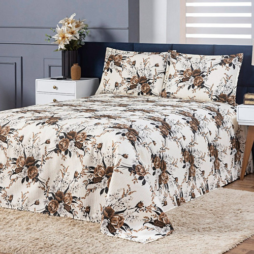 Colcha Cobre Leito Cama Casal Kit 3 Peças Milão Cor Marrom Florido Estampado