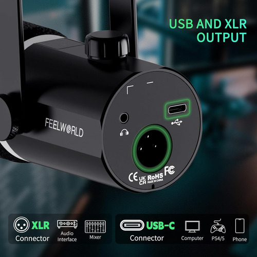 Feelworld Kit De Micrófono Dinámico Multiusos Xlr Usb Gam...