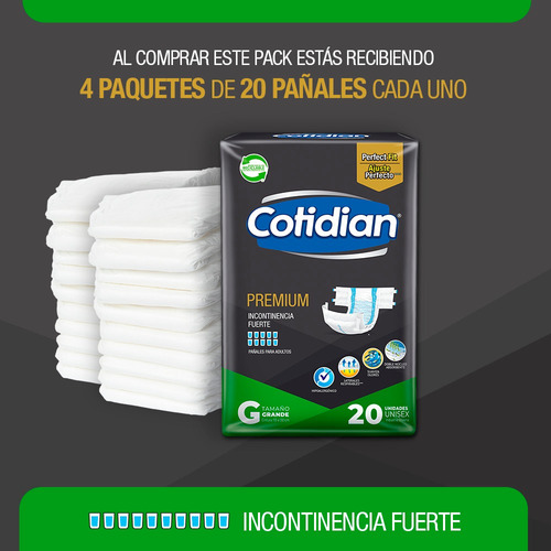 Imagen 2 de 6 de Pack 4 Pañales Adulto Cotidian Premium 20 Un Talla G