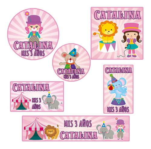 Kit 144 Stickers Circo Rosa Payasa Nena Candy Bar Etiqueta