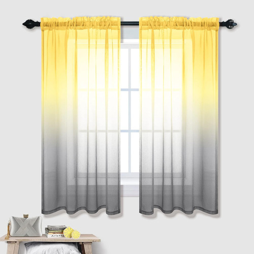 Cortinas Cocina Amarillo Limón Y Gris, Ventana Baño 107 X 11