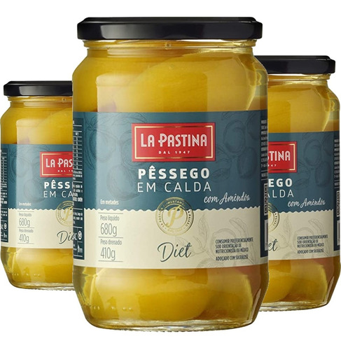 3x Pessego Em Calda Diet La Pastina C/ Amendoa 410g