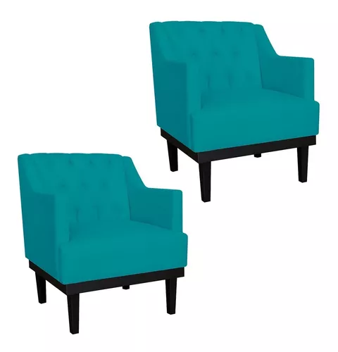 Jogo 2 Poltronas Cadeira Estofadas Sala Aurora Azul Turquesa
