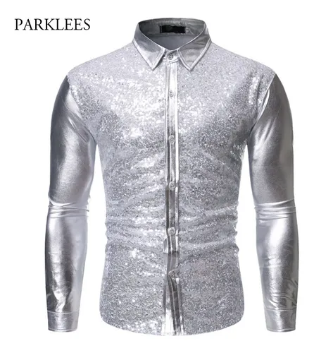 Camisas De Lentejuelas Brillantes Para Hombre Color Platead