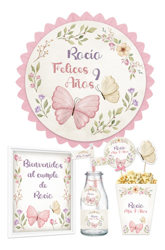 Kit Imprimible Mariposas Y Flores + Banner Circular Fondo