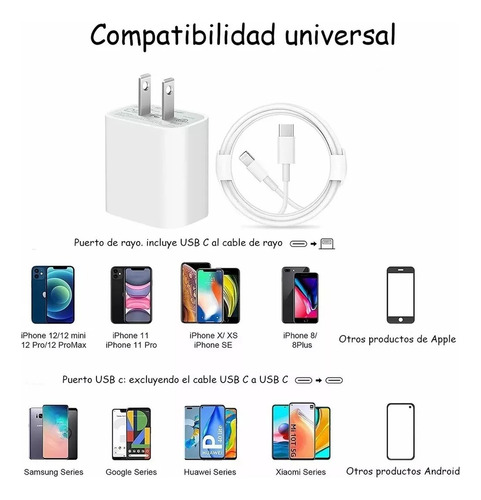 Cargador 20w Carga Rápida Para iPhone 11 12 13 Tipo C Cable