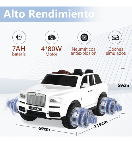 HONEY WHALE Carro Electrico Para Niños Montable Con Control Remoto 8110 Autonomía de 70 Minutos Velocidad Máxima 5 KM/H Color Blanco Honeywhale