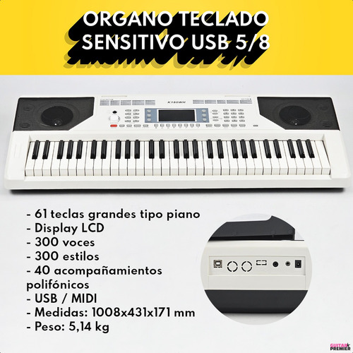 Organo Teclado Sensitivo Usb 5/8 Piano Funda Pie Banco Fuent