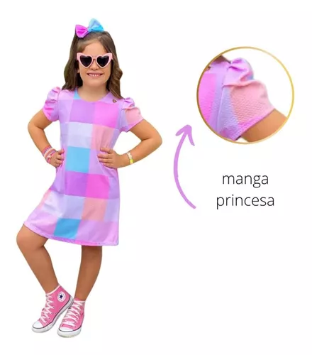 Vestido Xadrez Lilás com Laço de Cabelo