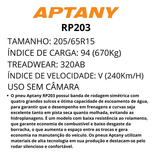 Kit 2x Pneu Carro 205/65r15 Rp203 Tl 94v Aptany
