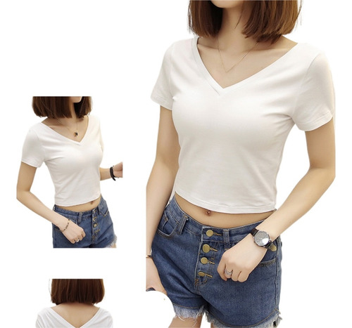 Camiseta Cuello V Doble Coreana Mc Ins For Mujeres Verano