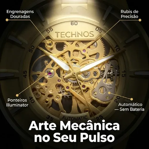 Relógio Technos Masculino Automático Esqueleto Aço Original