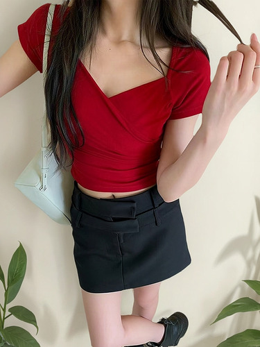 Camiseta De Algodón Con Cuello En V Y Manga Corta Para Mujer