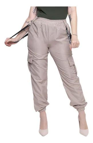Calca Tactel Feminina Cal a Jogger Cargo Fita Moda Bolso Top