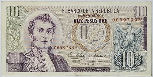 Billete 10 Pesos 20/jul/1967 Colombia Vf-xf